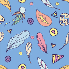ornaments of feathers and colored stones on a blue background, vector seamless pattern, freehand drawing