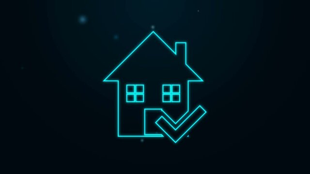 Glowing neon line House with check mark icon isolated on black background. Real estate agency or cottage town elite class. 4K Video motion graphic animation