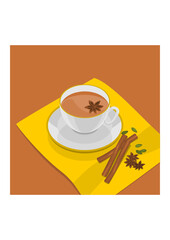 Editable Three-Quarter Top View White Cup of Masala Chai Vector Illustration With Star Anise and Herb Spices on Yellow Napkin for Artwork Element of Beverages With South Asian Culture and Tradition