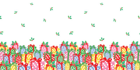 Seamless Christmas horizontal border pattern with gift box, mistletoe and berries. Hand drawn winter design