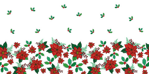 Seamless Christmas horizontal border pattern with red poinsettia, holly, mistletoe and berries on white background design