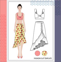  Illustration of women in summer outfit , fashion flat sketch template