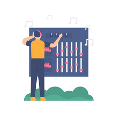 the concept of an audio manager or sound editor. illustration of a man adjusting the sound equalizer and the high or low volume of the sound. flat design. can be used for elements, landing pages, UI