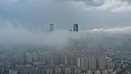 aerial view city in the fog