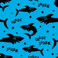 Seamless vector pattern with crazy shark silhouettes and crazy shark lettering.
