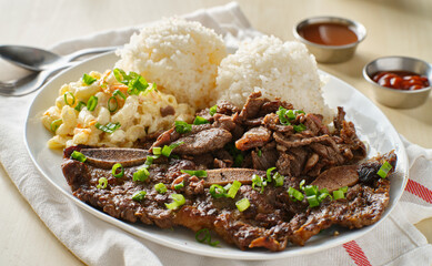 hawaiian bbq plate with korean beef kalbi ribs and white rice