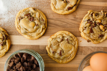 Homemade Chocolate Chip Cookies on Walnut Butcher Block