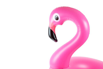 Summer fun. Pink pool inflatable flamingo for summer beach isolated on white background. Luxury lifestyle travel.