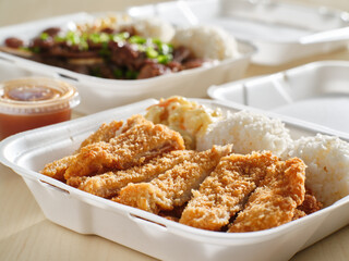 hawaiian bbq in take out tray with chicken katsu