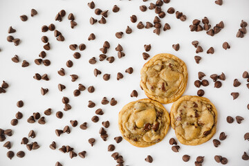 Homemade Chocolate Chip Cookies with Chocolate Chips on White Background