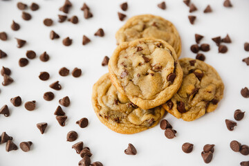 Homemade Chocolate Chip Cookies with Chocolate Chips on White Background