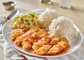 chicken katsu hawaiian bbq plate with gravy and rice