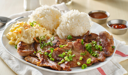 hawaiian bbq plate with barbecue chicken and rice