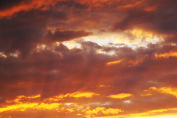 Evening sky in picturesque clouds, illuminated by the rays of the setting sun.