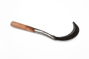 Sickle for cutting grass on white background.