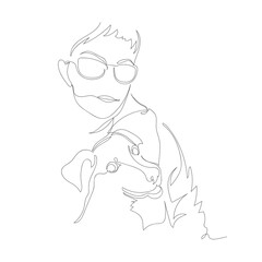 a man with a dog. contour vector drawing. a woman with a puppy. line. one line