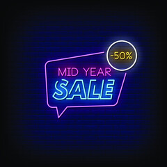 Mid Year Sale Neon Signs Style Text Vector