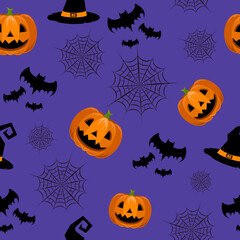 Pattern with pumpkin, spider webs, bats and witch hat on purple background. For gift paper, textiles, clothes, social networks, wallpaper, prints, festive decor. Helloween