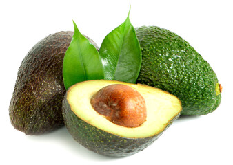 Avocado with leaf isolated on white background