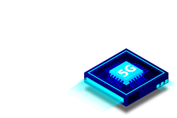 Fototapeta premium 5G network processor illustration. Mobile wireless internet of next generation. Isometric futuristic micro chip. micro chip illustration. PC mainboard illustration background. 3D isometric hardware.