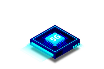 5G network processor illustration. Mobile wireless internet of next generation. Isometric futuristic micro chip. micro chip illustration. PC mainboard illustration background. 3D isometric hardware.