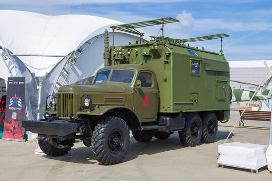 MOSCOW REGION, RUSSIA - AUGUST 25, 2020: Army car radio station R-140 based on the Soviet retro truck ZIL-157 on the international military forum "Army-2020"