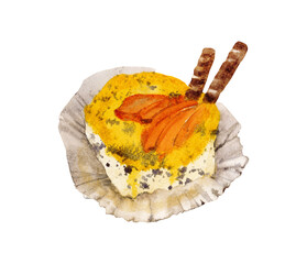 Pastry watercolor cake fruit . Isolated food illustration paint on white background. watercolour Food Collection hand drawn painting.