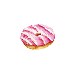 Watercolor pink with decorative sprinkles donut isolated on white background. 