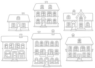 Toy town houses, black and white outline vector cartoon illustrations for a coloring book page