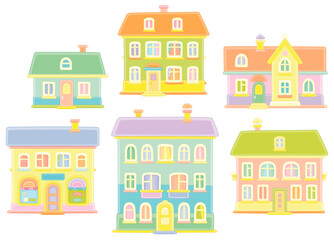 Toy colorful town houses, vector cartoon illustrations on a white background