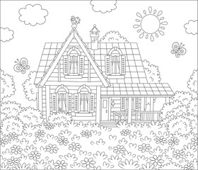 Small village house and a lawn with flowers and flittering butterflies on a sunny summer day, black and white outlined vector cartoon illustration for a coloring book page