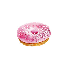 Watercolor pink with decorative sprinkles donut isolated on white background. Top view.