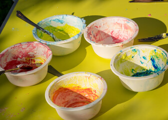 bowl with a colorful slime, making a slime at a birthday party, children's games - making a slime