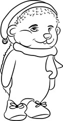Vector hedgehog wearing hat and scarf, cartoon cute happy white hedgehog smiling.Autumn character hedgehog, line art, black and white drawing illustration for kids. Coloring Page for Children.