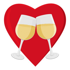 Champagne glasses on a heart background, color isolated vector illustration in flect style, clipart, design, decoration, banner