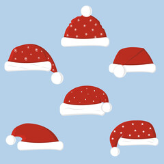 Set of Christmas hats in flat style isolated on white background, color vector illustration, clipart, design, decoration, icon, sign