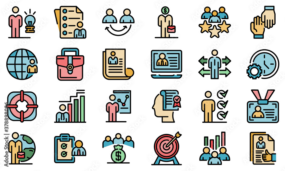Poster outsource icons set. outline set of outsource vector icons thin line color flat on white