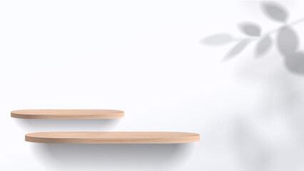 Abstract minimal scene with geometric forms. wood podium in white background with leaves. product presentation, mock up, show cosmetic product display, Podium, stage pedestal or platform. 3d vector