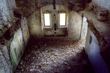 Top view of the military fort room after the explosion, the ceiling has completely collapsed and crumbled to the ground. Forte Leone, Cima Campo, Belluno, Italy