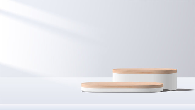 Abstract minimal scene with geometric forms. wood podium in white background with leaves. product presentation, mock up, show cosmetic product display, Podium, stage pedestal or platform. 3d vector