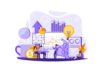 Fototapeta premium Business presentation. Man from one company giving a bright sales pitch or feedback presentation to representatives from another company who are watching and taking notes in their laptop. Vector