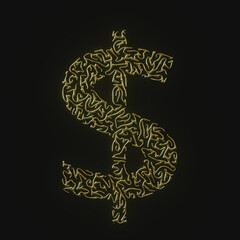High resolution dollar symbol made of molded golden lines. 3d rendering