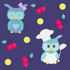 Seamless baby vector illustration with cute owls and fruits