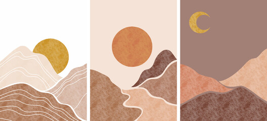 Abstract background landscapes. Boho wall decor. Mid century modern minimalist art for wall decoration, postcard or brochure design.vector illustration. © Kebon doodle