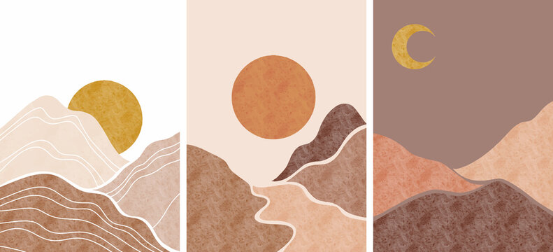 Abstract background landscapes. Boho wall decor. Mid century modern minimalist art for wall decoration, postcard or brochure design.vector illustration.