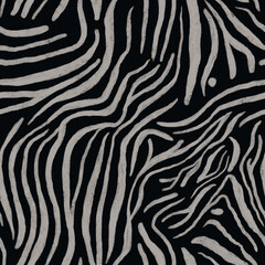 Zebra skin, stripes seamless pattern on black background. Animal print, black and white handrawn texture.