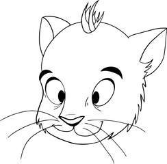 Vector kitten, cartoon cute happy white cat smiling. Character cat, line art, black and white drawing illustration for kids. Coloring Page for Children.Can be used for kids wear, card, nursery.