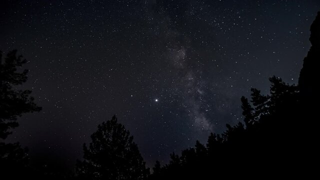 Time lapse of moving galaxy milky way in starry sky.