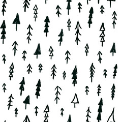 Hand drawn Christmas tree seamless pattern on white background.