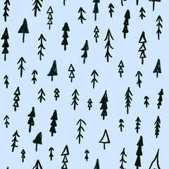 Hand drawn Christmas tree seamless pattern on blue background.